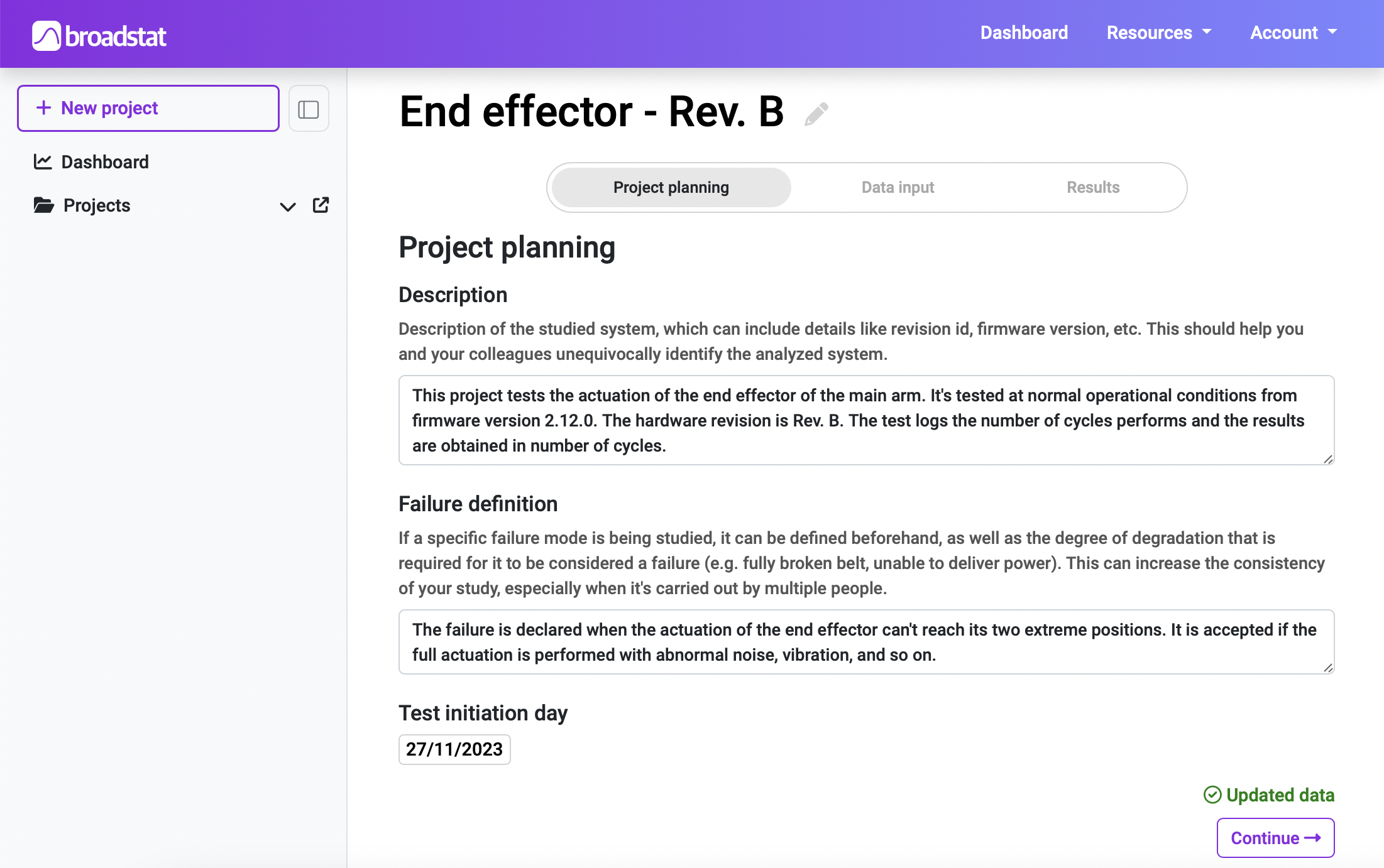 Project planning section of a Broadstat project